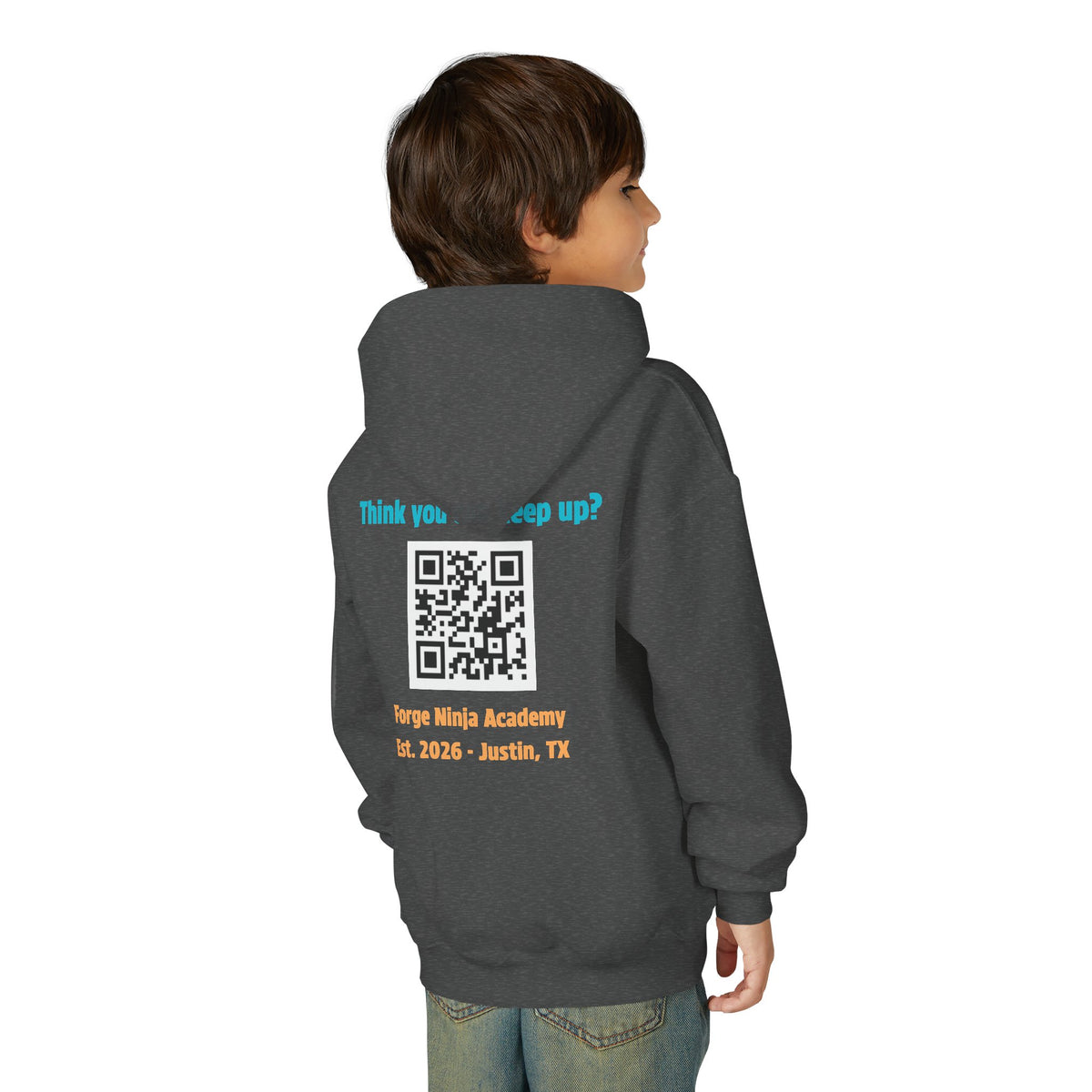 Youth Hoodie - Forge Ninja Academy Logo & "Think You Can Keep Up?" QR Back