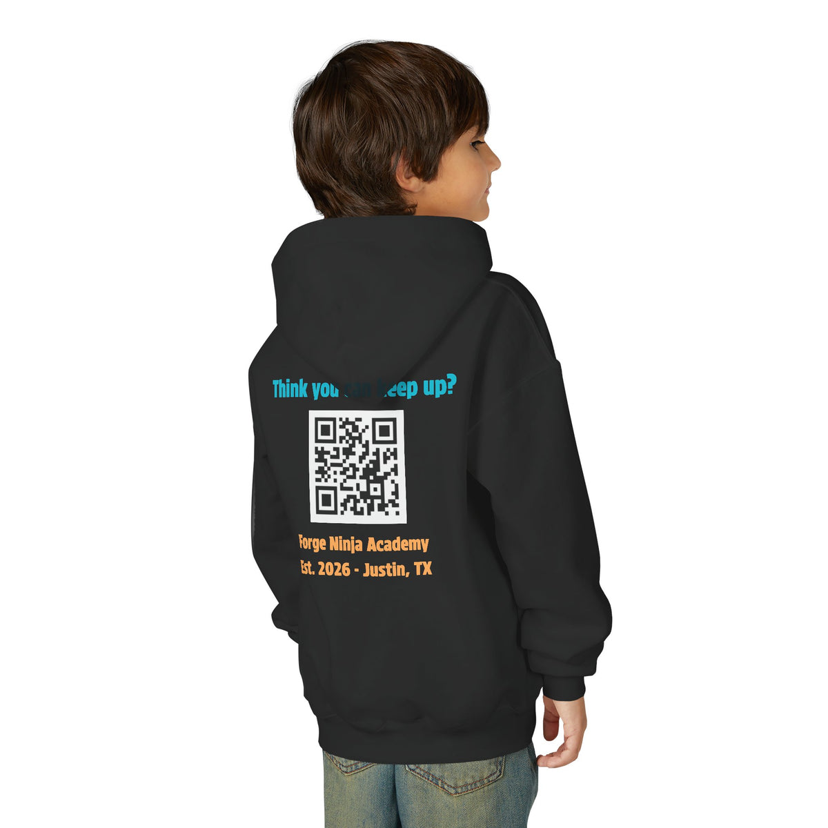Youth Hoodie - Forge Ninja Academy Logo & "Think You Can Keep Up?" QR Back