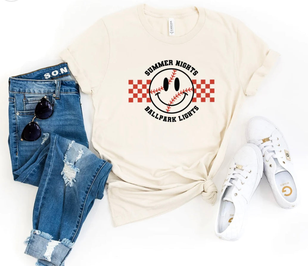 Summer Nights Ballpark Lights Baseball Smiley tee