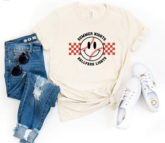 Summer Nights Ballpark Lights Baseball Smiley tee